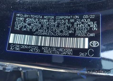 2022 Toyota Corolla Se z USA, uszkodzony, nr VIN JTDS4MCE0NJ095995